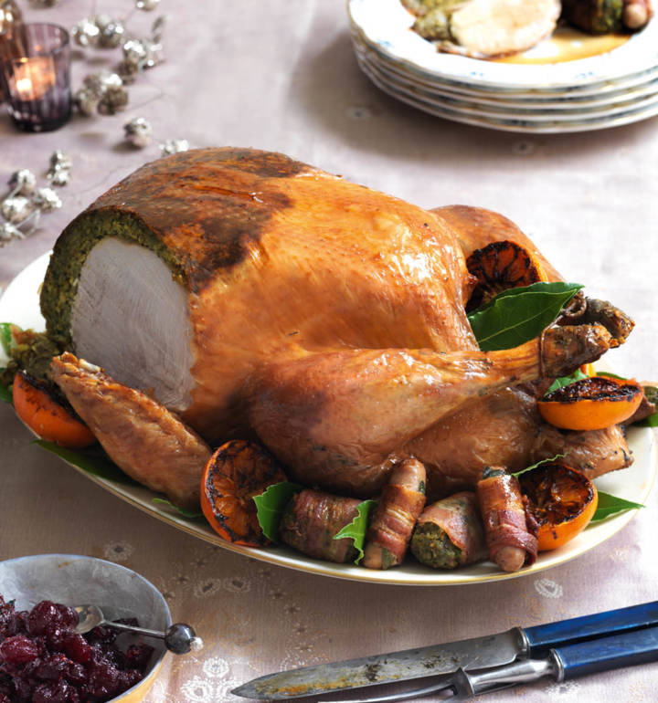 Roast turkey with herb and pistachio stuffing